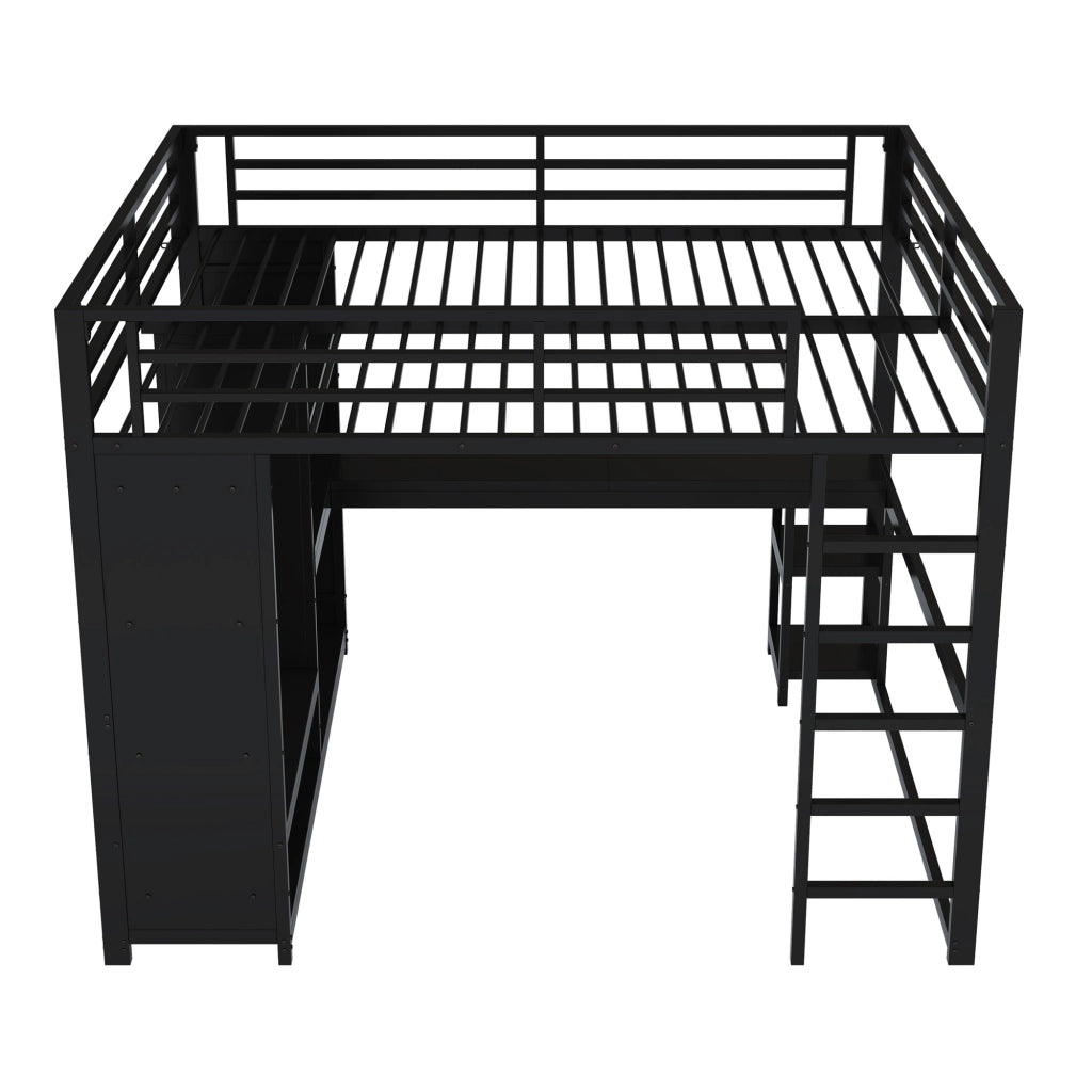 OKWISH Letto a Soppalco, Letto Matrimoniale con LED, Scrivania, Armadio Aperto e Ripiani, 160×200 cm, senza Materasso, Nero
