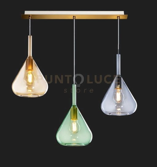 SOSPENSIONE OTTONE SAT. 3 LUCI RETTANGOLARE VETRI AM + VE + BL 1177OS-S3 R-MC