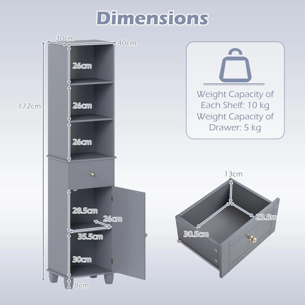 Armadio alto da bagno 172 cm, mobile a colonna da pavimento con 3 ripiani aperti, 1 cassetto e 1 porta, ripiano inferiore regolabile, 40 x 30 x 172 cm, organizer per cucina, soggiorno (grigio)