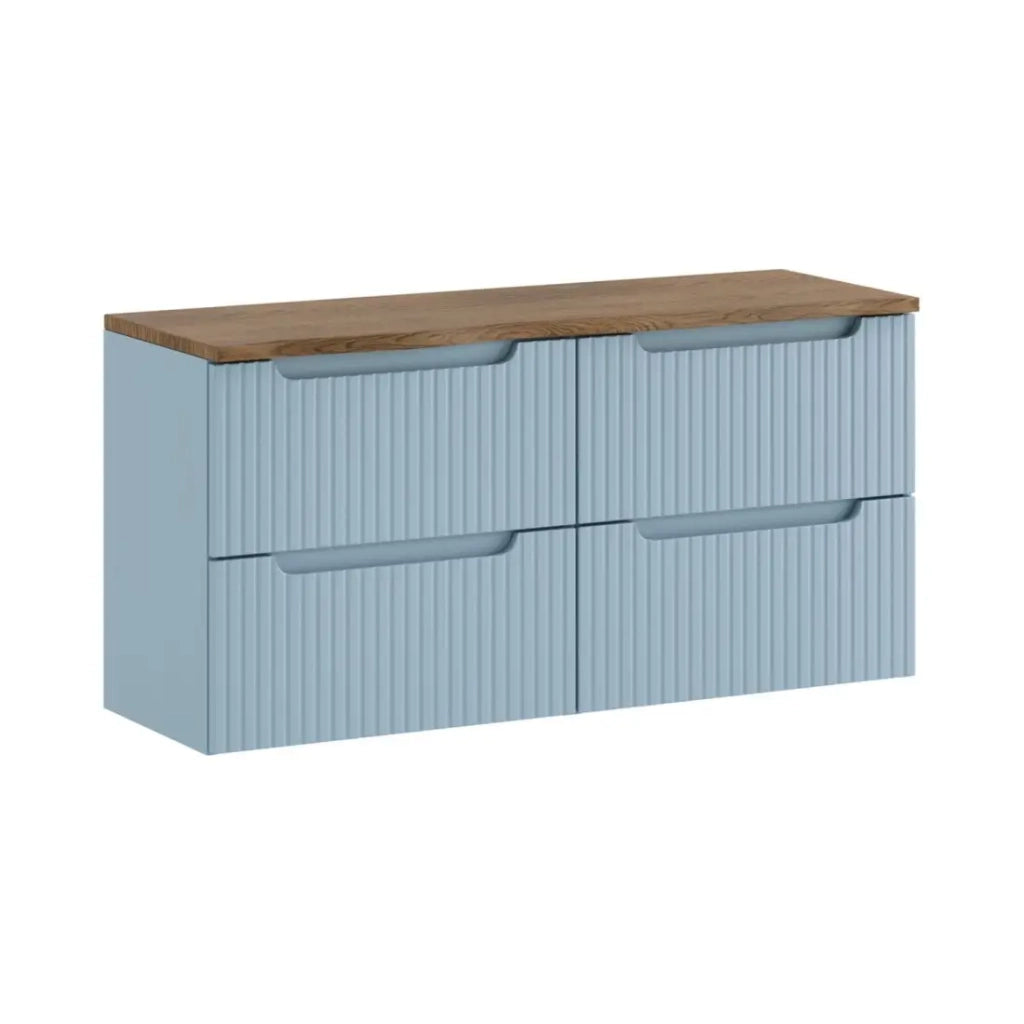 Set bagno sospeso VANO blu denim e rovere 120cm: mobile sottolavabo con cassetti + piano per lavabo