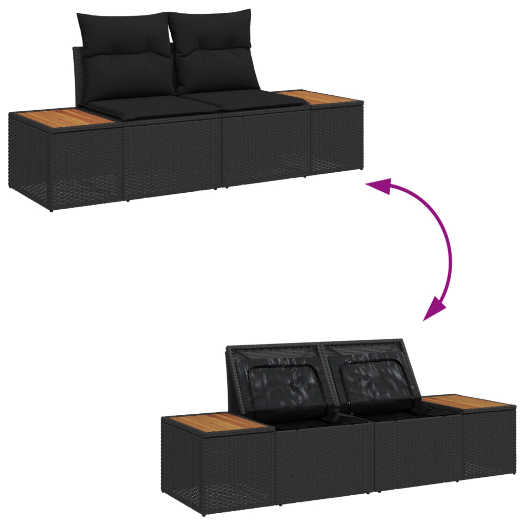 Set Divano da Giardino con Cuscini da 6 Pezzi Nero Polyrattan Acacia