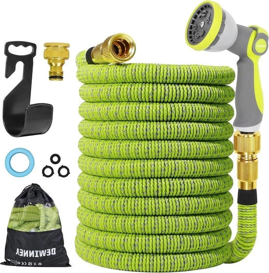 50FT tubo estensibile per giardino con pistola per getto d'acqua - 8 funzioni - con connettori in ottone - verde