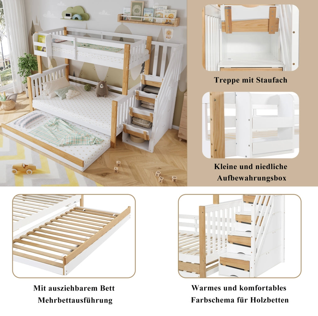 Letto a castello con letto estraibile e scala contenitore; 254x216;5x165 cm; bianco e naturale