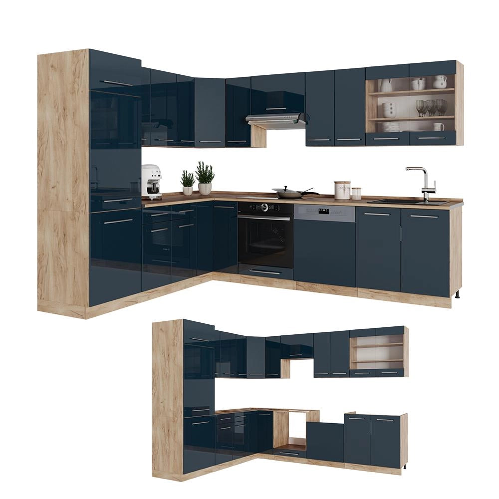 Cucina angolare completa Fame-Line Blu scuro lucido/Rovere dorato 287 x 227 cm, PL Antracite Vicco