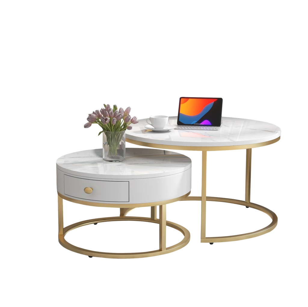 Set 2 tavolini da salotto rotondi impilabili 70/50 cm in MDF bianco lucido effetto marmo