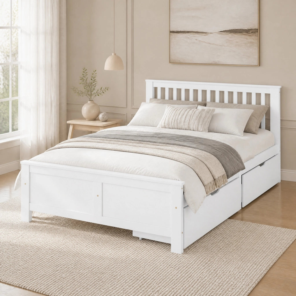 Letto matrimoniale 140x200 cm con 2 cassetti; struttura in legno massello e MDF; bianco