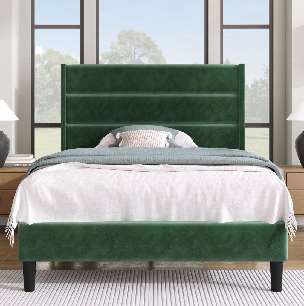 Letto imbottito 90x200 cm con rete a doghe e materasso H3; velluto verde scuro