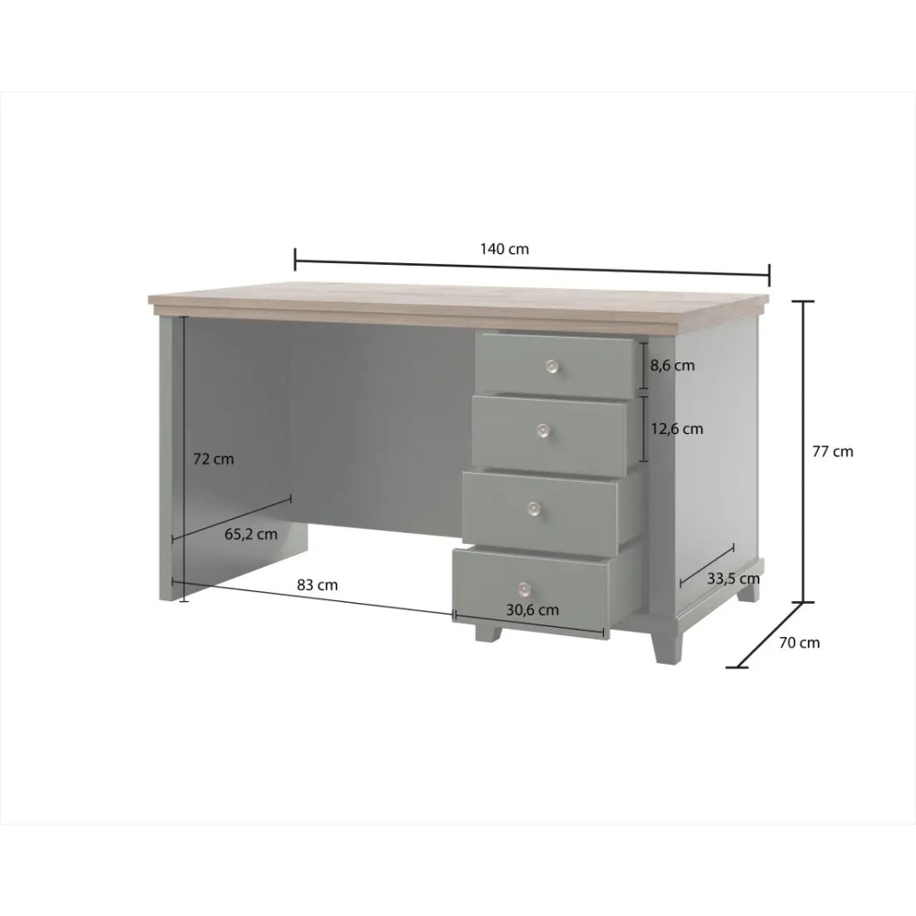 Scrivania ASSIA 140 cm verde scuro e legno - 4 cassetti con maniglie a bottone - Eleganza chic