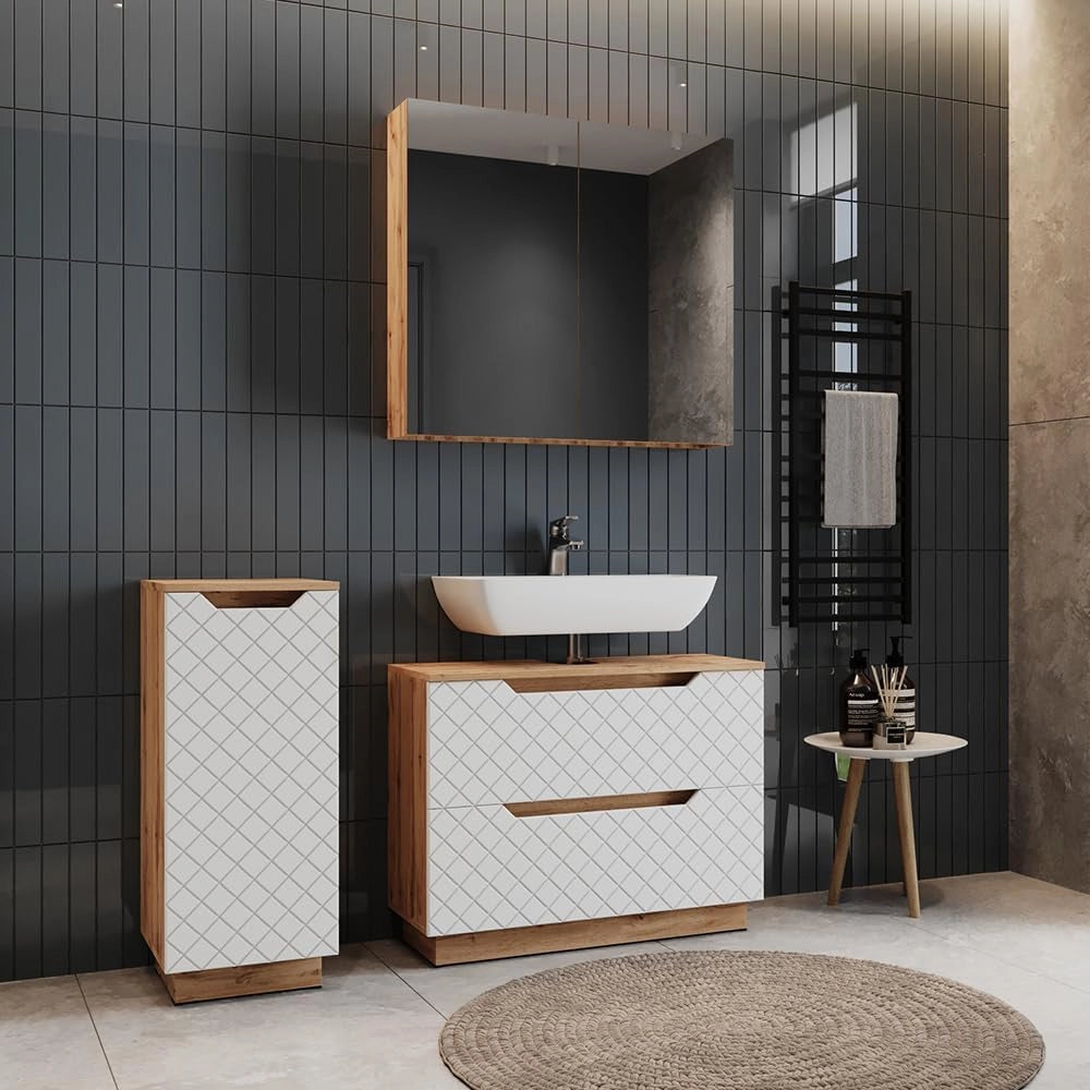 Set di mobili da bagno Lotta, Bianco, 79.6 cm, composto da mobile sottolavabo, specchiera e mobile medio