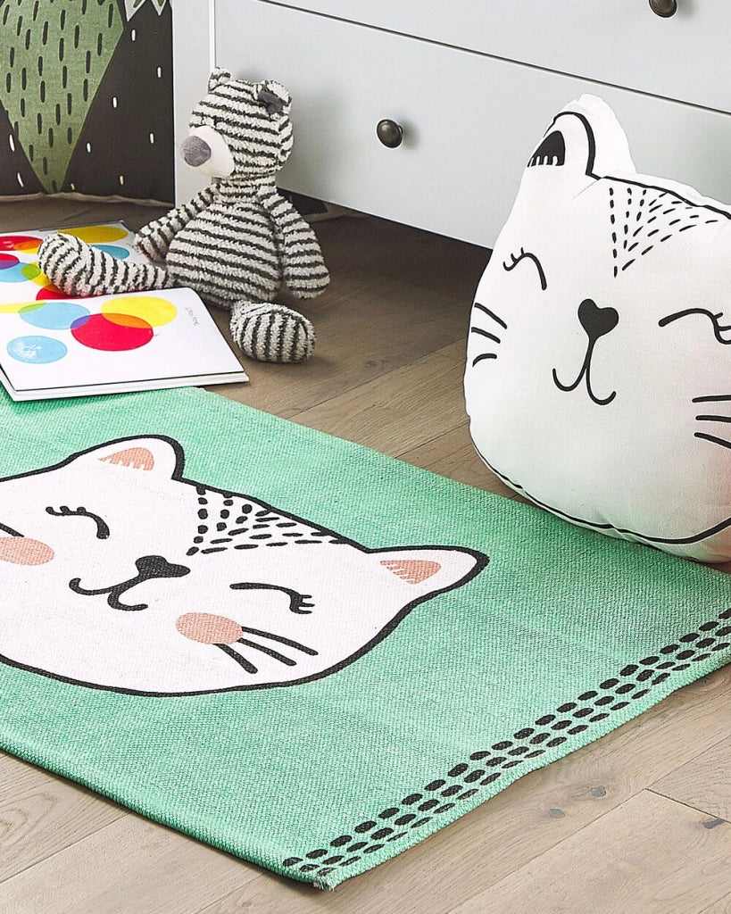Tappeto in tessuto di cotone con stampa gatto verde 60 x 90 cm piccola decorazione per bambini della scuola materna