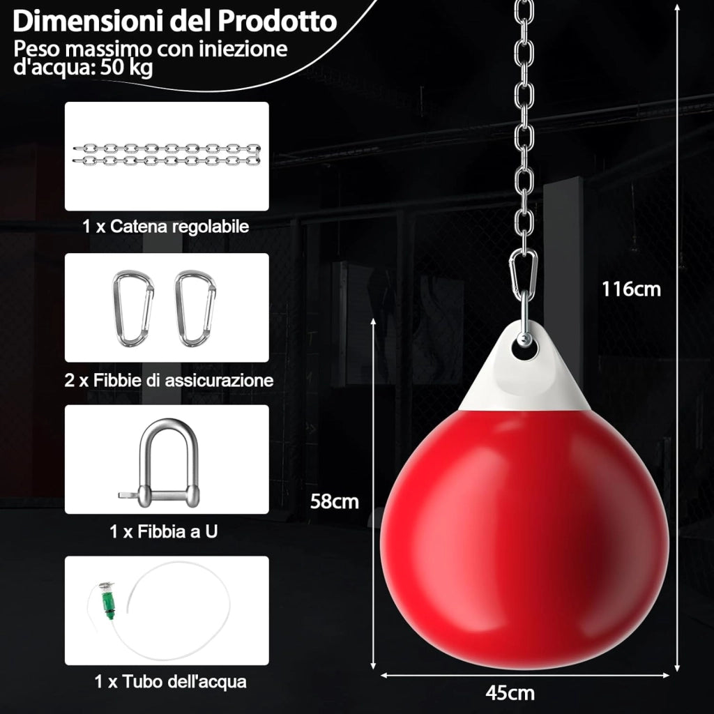 Sacco da Boxe per Bambini ed Adulti 50 kg, Sacco da Boxe ad Acqua con Catena Metallica Regolabile, Ganci, Fibbie di Assicurazione e Tubo dell’Acqua