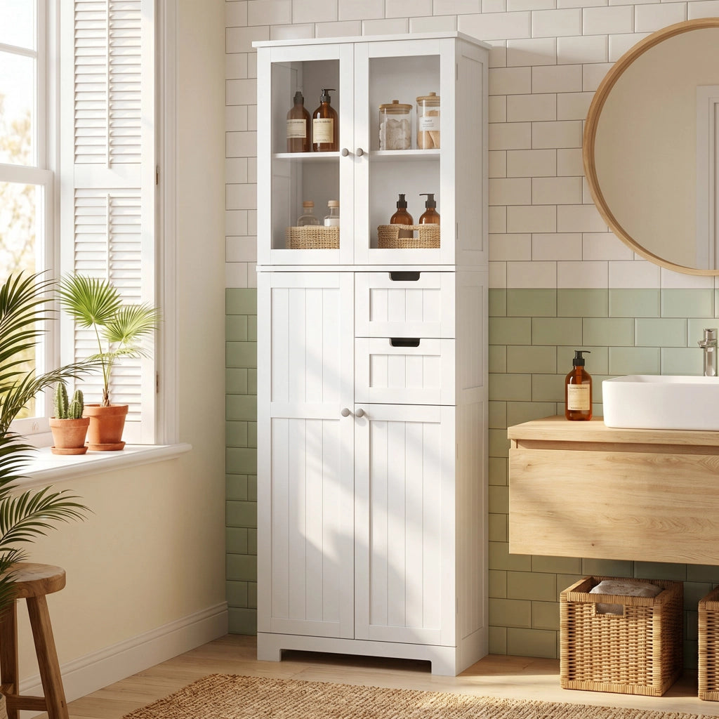 Mobile bagno alto con 4 ante e 2 cassetti, 60x30x170 cm, bianco