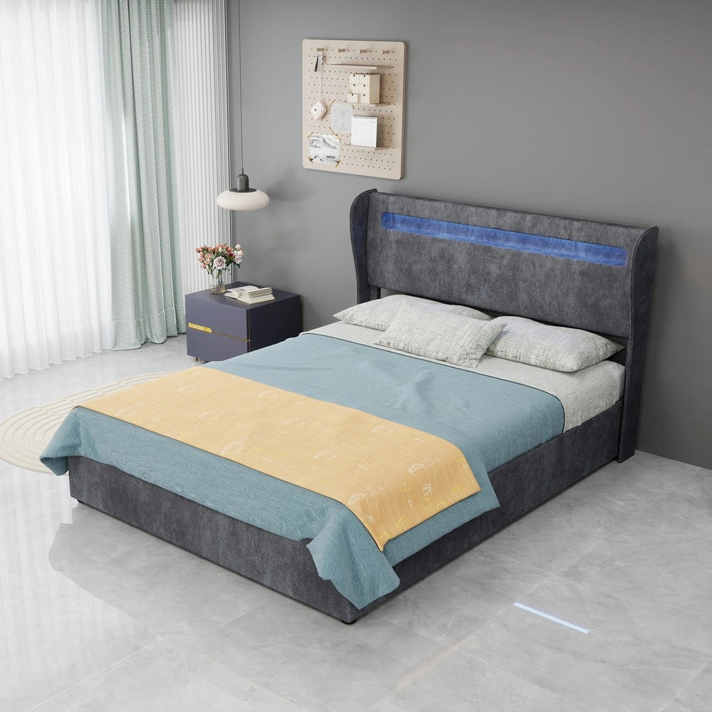 Letto Contenitore Imbottito con LED ¨C MINIMAL ¨C Grigio 140x200 con Materasso