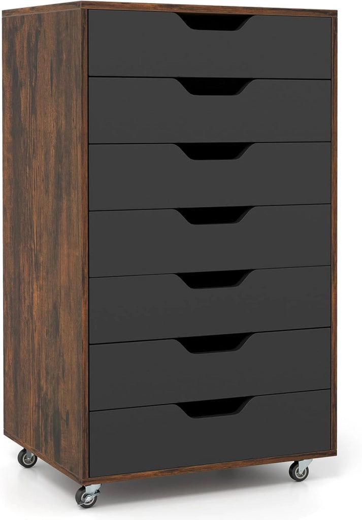 Cassettiera con 4 cassetti e 2 armadi, armadietto con ruote, in legno sotto scrivania, scrivania per stampante a casa e ufficio (nero e marrone, 49 x 40 x 87 cm)