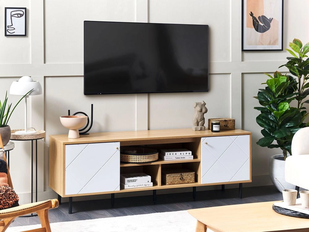 Mobile TV Legno Chiaro Bianco Truciolare Metallo 160 x 56 x 40 cm per TV fino a 70ʺ 2 Ante 3 Ripiani Gambe Nere Design Scandinavo Soggiorno
