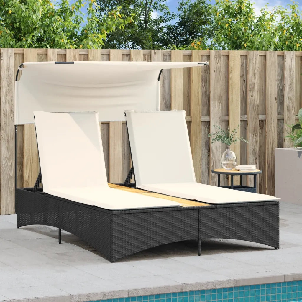 Lettino Prendisole | Sdraio da giardino | Lettino da sole Doppio Baldacchino e Cuscini Nero Polyrattan