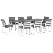 Set da pranzo da giardino in 9 pezzi Tavolo allungabile in alluminio bianco e 8 sedie con cuscini grigi