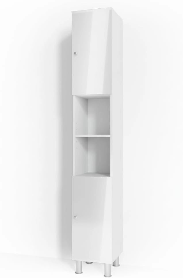 Mobile bagno alto Fynn, Bianco lucido, 30 x 190 cm, per la conservazione di articoli da bagno e asciugamani