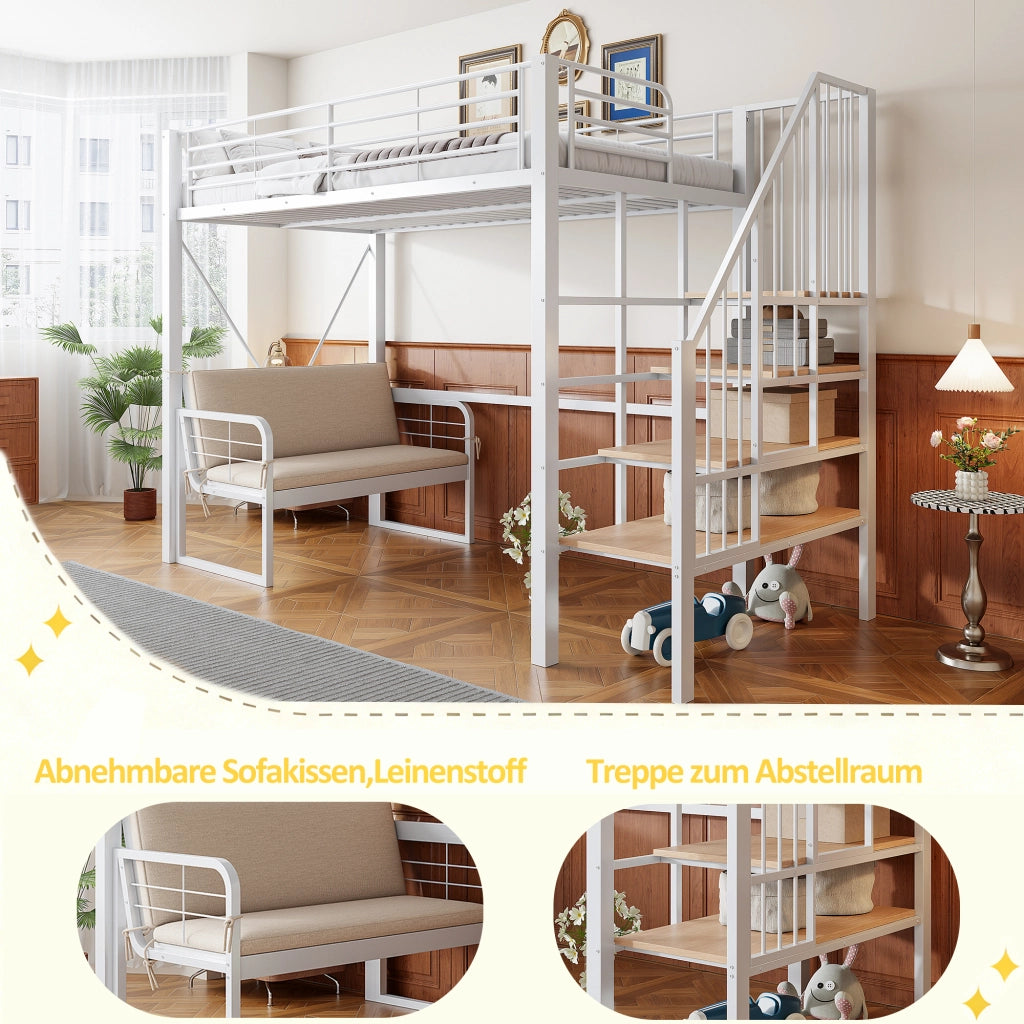LETTO A CASTELLO 90x200 cm in metallo bianco con divano imbottito rimovibile