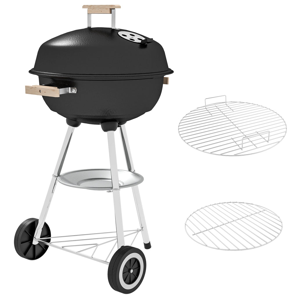 Barbecue a Carbonella con Griglia in Acciaio, Coperchio e Prese d'Aria e Ruote, Nero