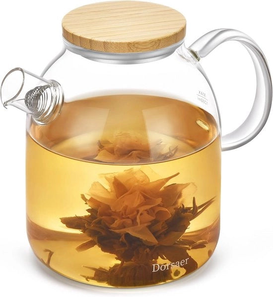 Tazza di Te per Vaso di Vetro 1500ml con Coperchio in Bambù e Infusore per Tè Erbaceo e a Fetta - Ideale per la Cottura sul Fornello