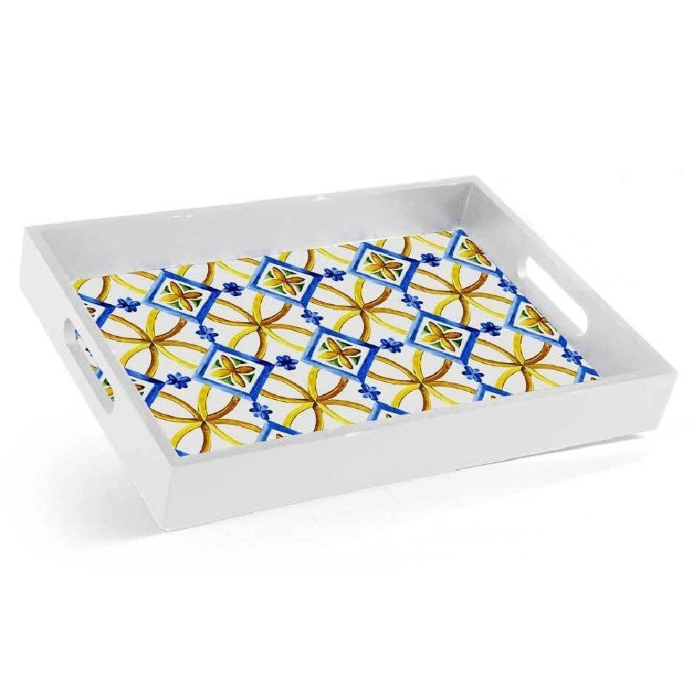 Trade Shop - Vassoio Portata Rettangolare Legno 20x26x4cm Con Manici 2 Decori Mosaico 822124 -