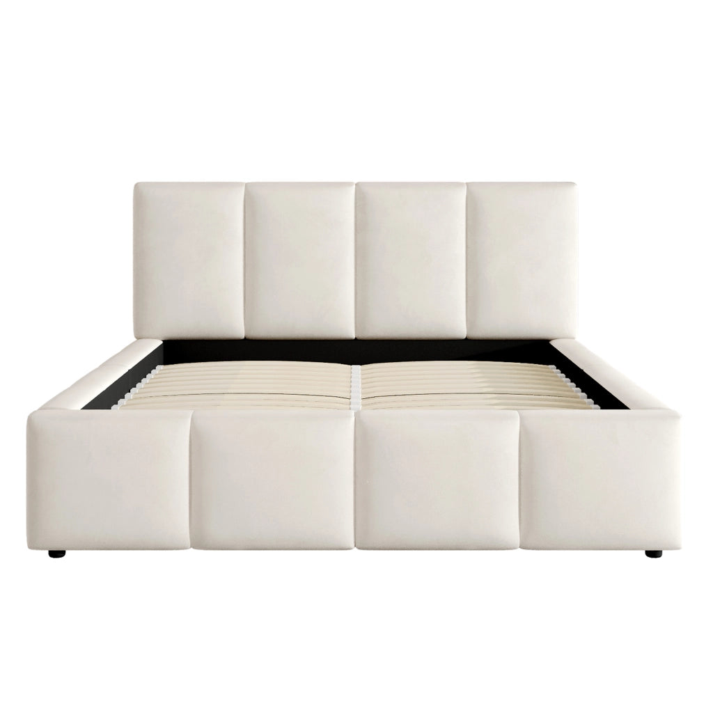 Letto matrimoniale imbottito 180x200 cm in chenille beige con rete a doghe