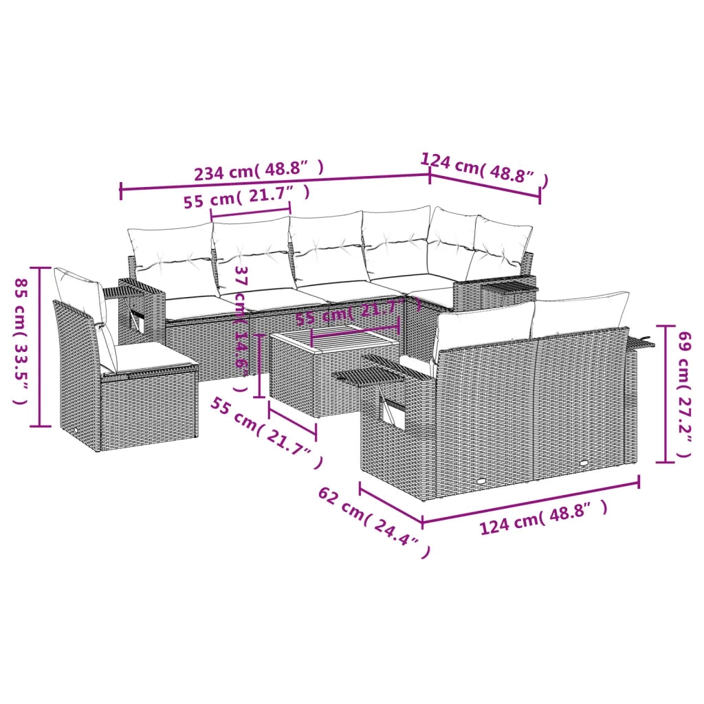 Set Divani da Giardino 9 pz con Cuscini Nero in Polyrattan 3224655