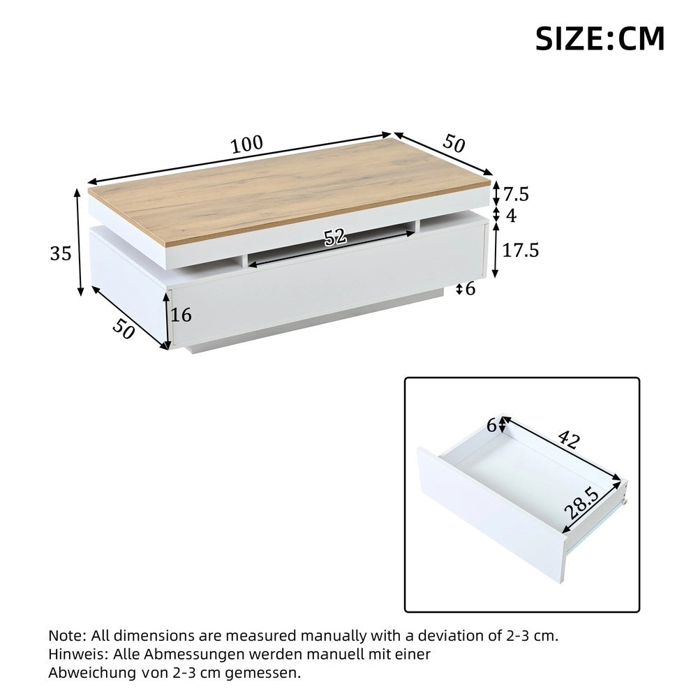 Tavolino da Caff¨¨ con 2 Cassetti e LED ¨C MINIMAL ¨C Bianco/Legno, 100x50x35