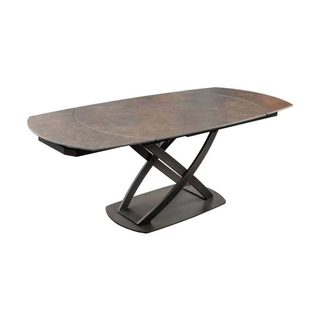Table ATONIA – Allungabile ovale 130 a 190 cm – Piano in ceramica effetto marmo bronzo – Gambe in metallo – Stile moderno