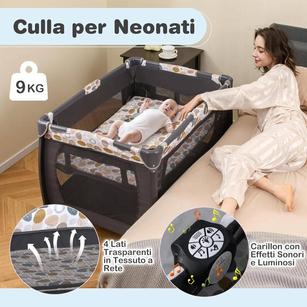 5 in 1 Culla Campeggio Bambini, Lettino Viaggio Neonati Pieghevole con Materasso, Fasciatoio, Box Portatile con Ruote, 2 Giocattoli e Carillon, per Bambini 0-3 Anni (Blu)