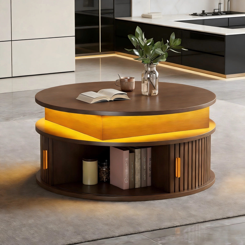 TAVOLO CENTRO rotondo 75 cm regolabile in altezza con LED, MDF color noce