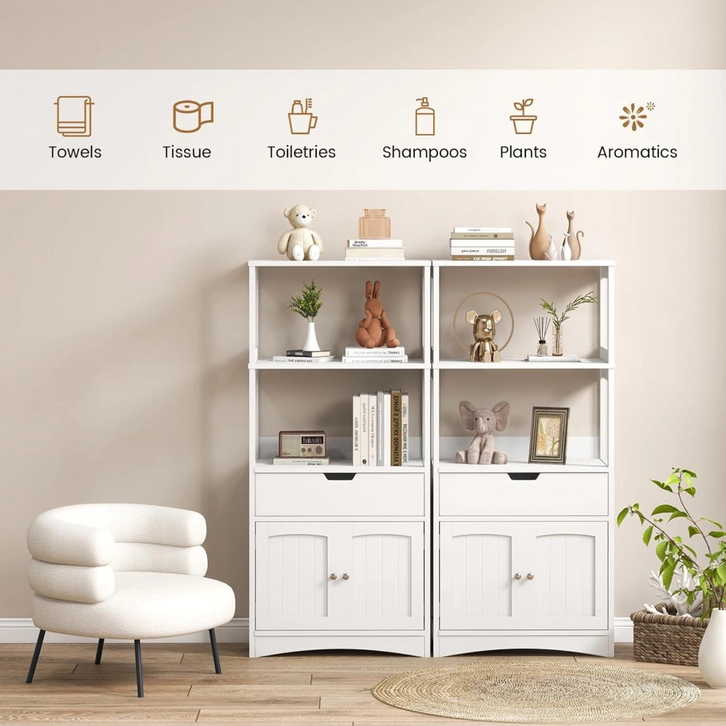 Mobile portaoggetti con ripiano a 3 livelli, armadio alto in legno, dispositivo antiribaltamento, cassetto e armadio a 2 ante, moderno, 60 x 32,5 x 122 cm (bianco)
