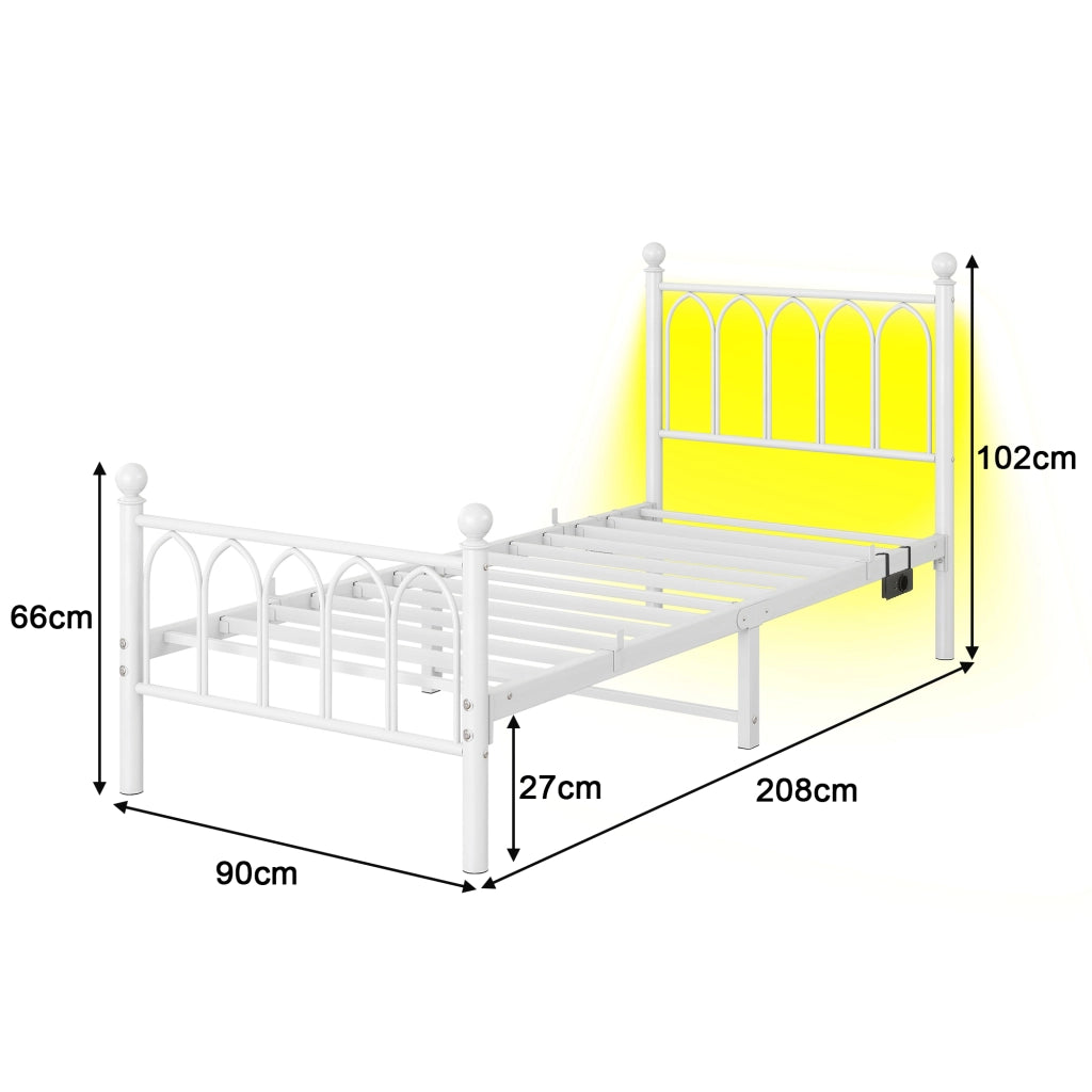 Letto singolo 90 × 200 cm con LED, 2 USB e presa, testiera alta, contenitore sotto letto, senza materasso, bianco