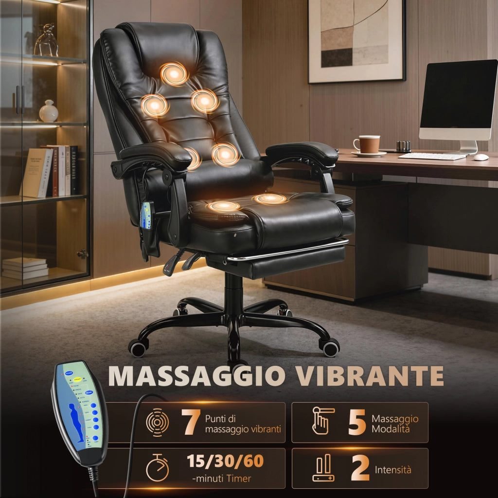 Poltrona da Ufficio con 7 Punti Vibranti. Poggiapiedi e Schienale Reclinabile a 155¡ã. Nero