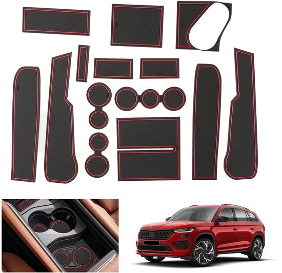 Compatibili con la Nuova Skoda Kodiaq II 2024 2025 2026, Antislipmatten in gomma per Kodiaq 2024, 2025 per RS/Sportline, per Middenconsole, Bicchiere e Portaoggetti (Rosso)