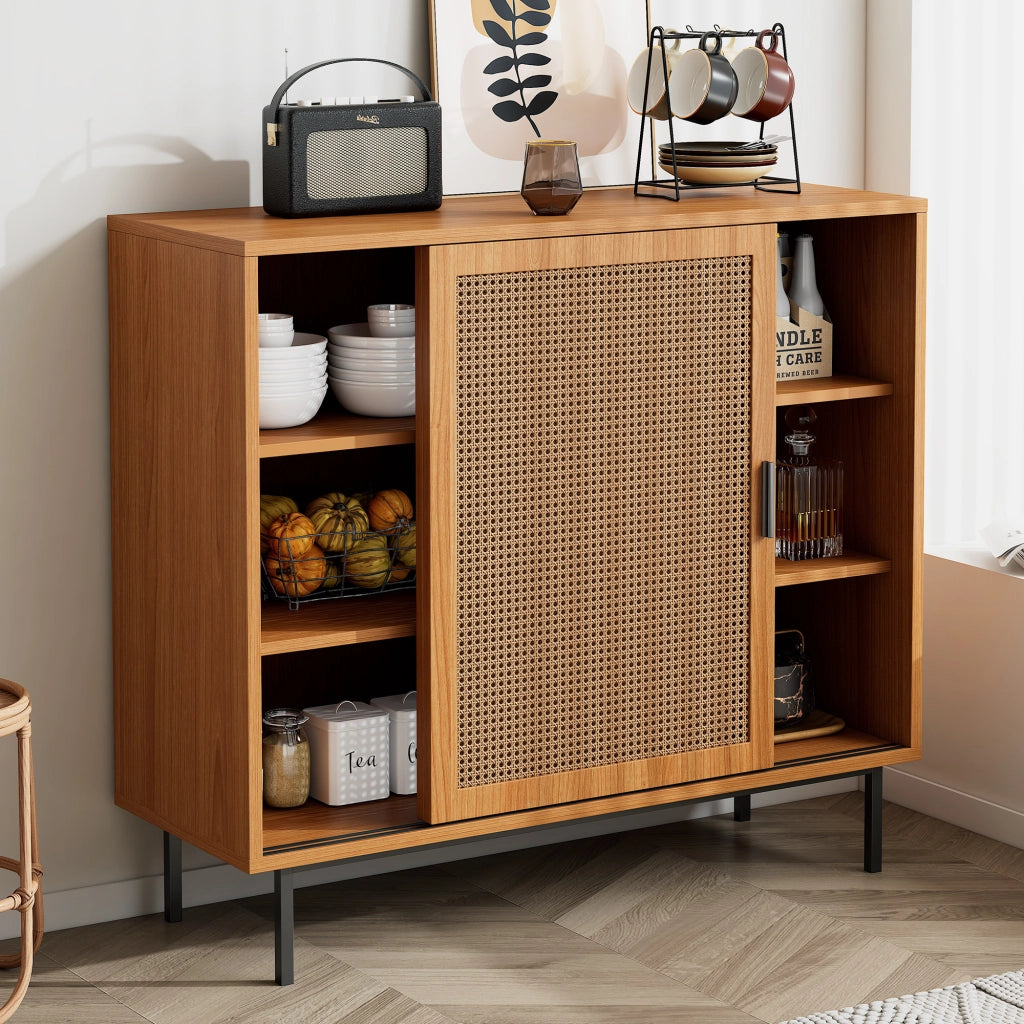 Credenza e Madia con 2 Ante Scorrevoli in Rattan e 3 Ripiani Regolabili; Stile Country; in Pannello Truciolare; 100??37??90 cm; Noce