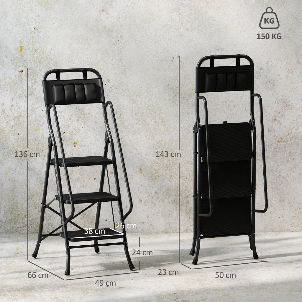 Scala Pieghevole 3 Gradini con Borsa Portautensili ¨C Xylo ¨C Gradini Larghi Antiscivolo Nero