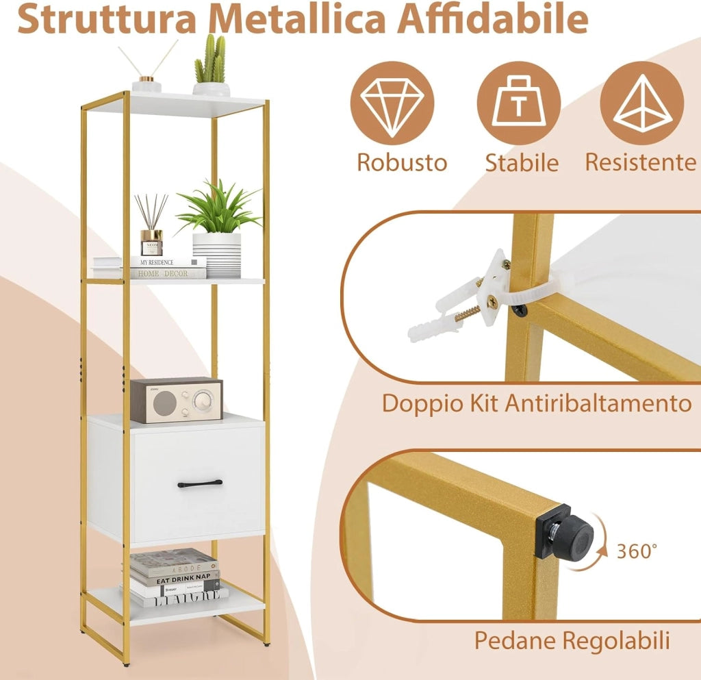 Libreria a 5 Ripiani con Cassetto, Scaffale di Stoccaggio con Struttura in Metallo e Kit Antiribaltamento, Unità Espositiva Autoportante per Camera da Letto Soggiorno, 45x35x160 cm (Bianco)