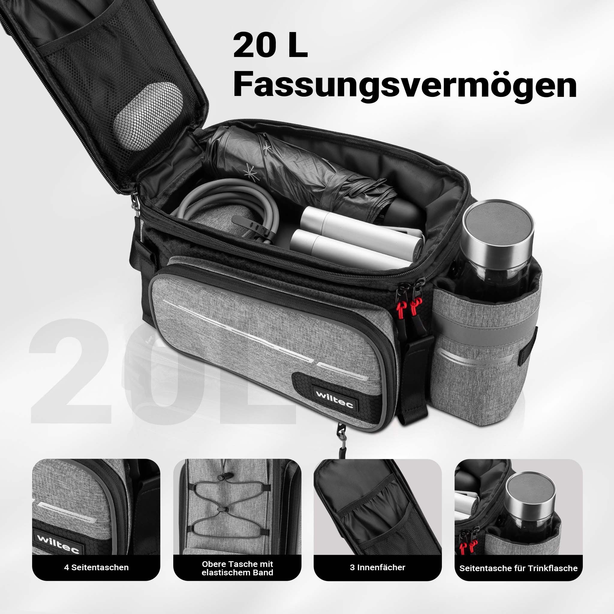 Borsa per portapacchi posteriore bici espandibile fino a 20 L nera, impermeabile e multiuso, scomparto laptop ed elementi riflettenti