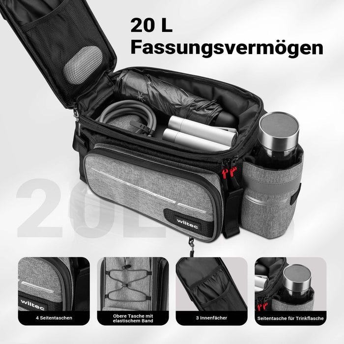 Borsa per portapacchi posteriore bici espandibile fino a 20 L nera, impermeabile e multiuso, scomparto laptop ed elementi riflettenti