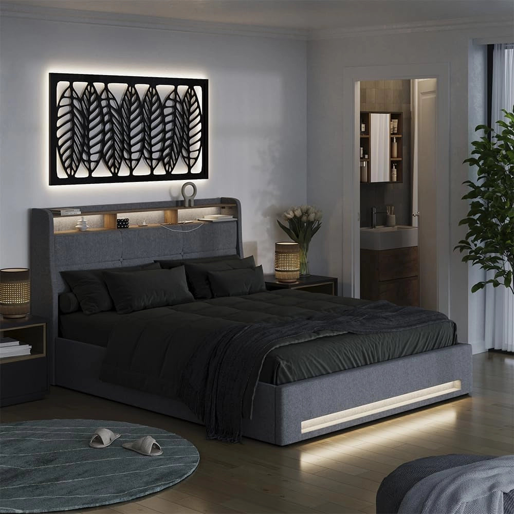 Letto imbottito Christin, Grigio/quercia, 160x200 con LED, porta USB e materasso