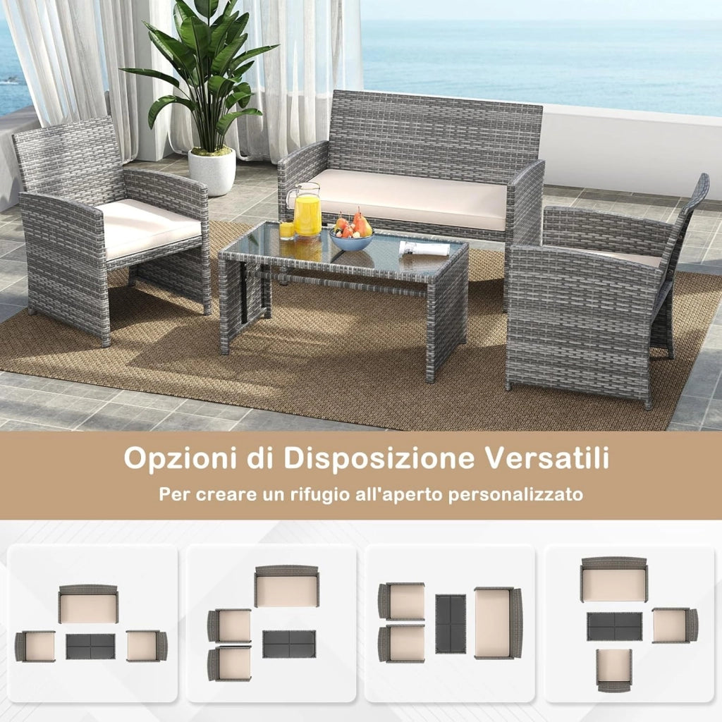 Set Mobili da Giardino in Rattan PE, Divano a 2 Posti e 2 Poltrone con Cuscini Comfort, Tavolino con Piano in Vetro, Arredo da Esterno per 4 Persone per Patio, Balcone, Cortile (Grigio+Bianco)