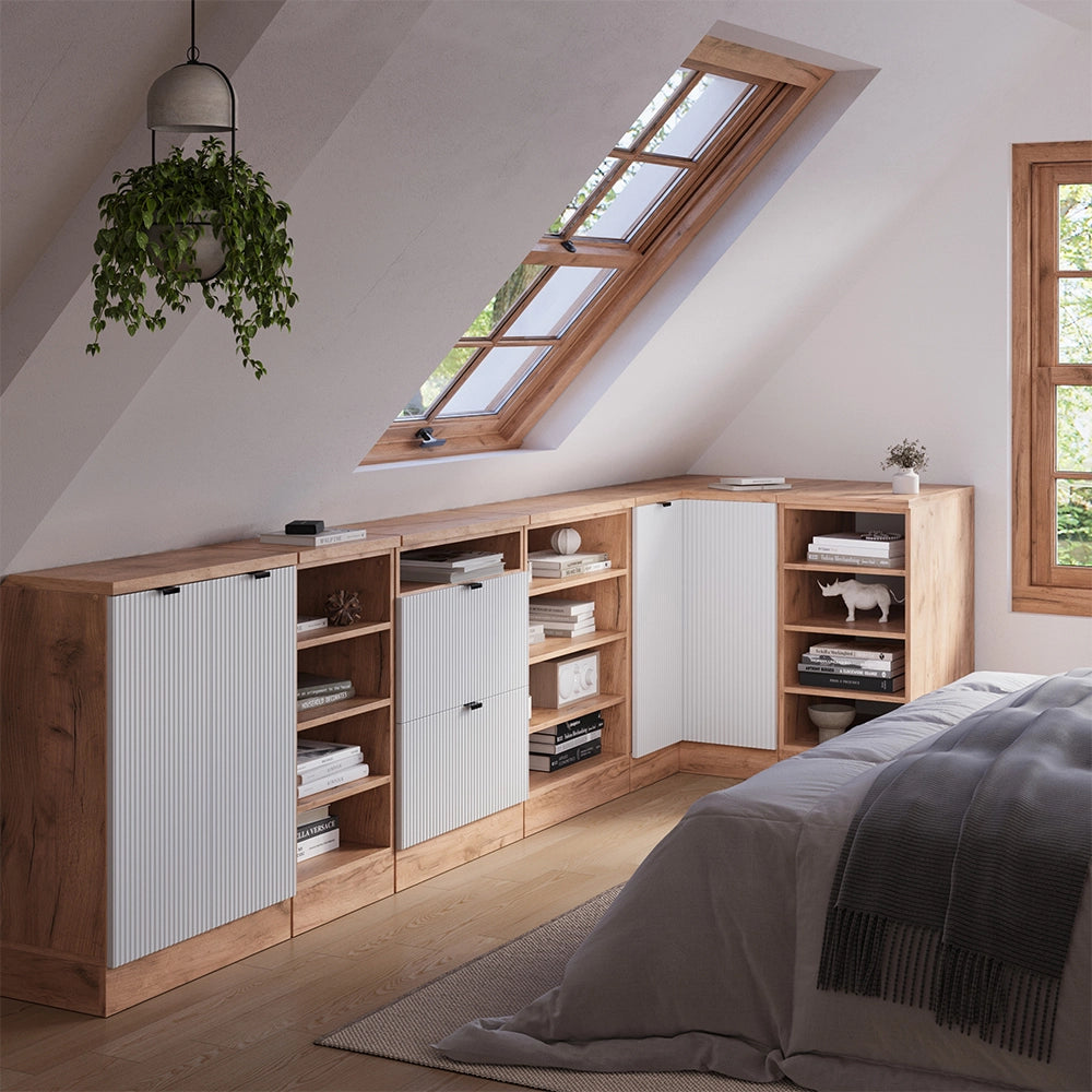 Mobile cucina angolare per sottotetto R-Line Ondulazione bianca/Rovere dorato 75.6 cm con 1 porta, carcassa dell’armadio profondità 60 cm Vicco