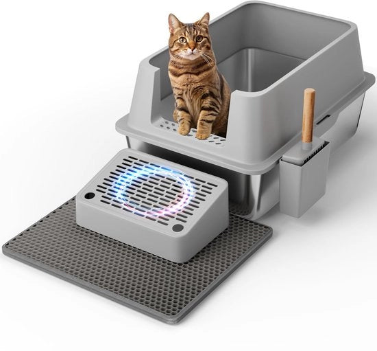 Cassetto per gatti in acciaio inossidabile XXL, con cucchiaio, pedali e tappeto, impermeabile, facile da pulire, cassetto per gatti antiscivolo, cassetto per gatti in metallo, colore grigio.