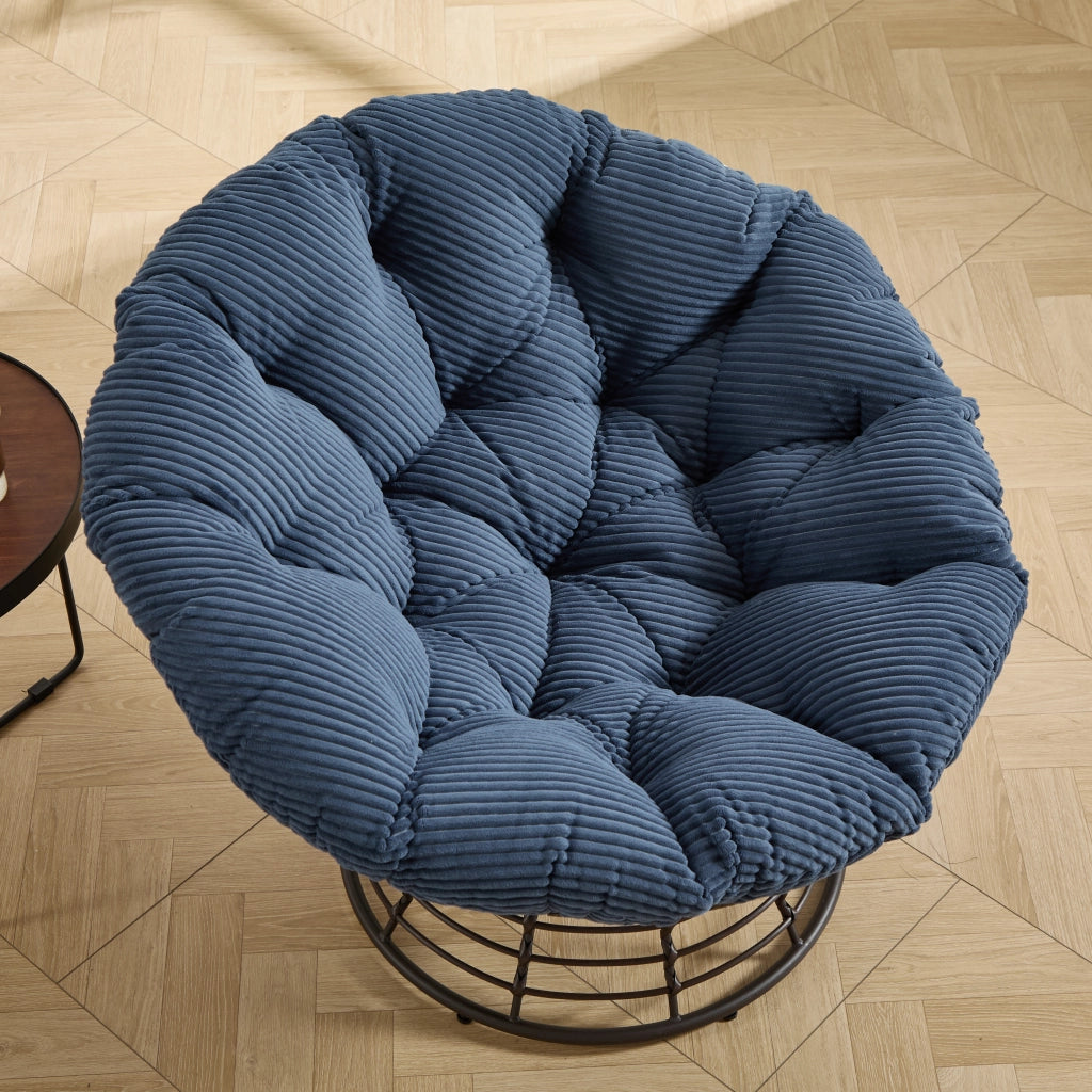 POLTRONA Papasan girevole 92x67 cm acciaio e rattan PE marrone con cuscino blu navy