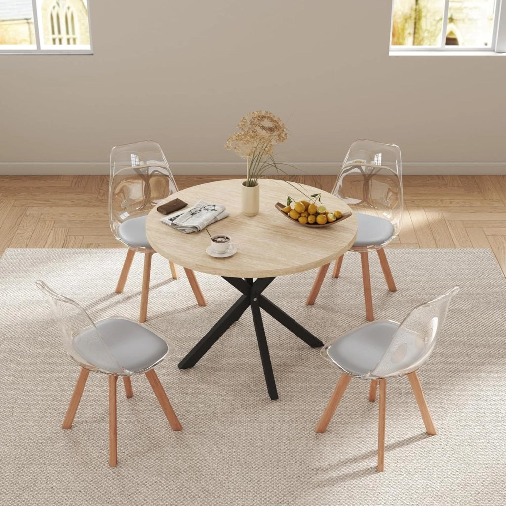 GrandCA HOME Tavolo da Pranzo con 4 Sedie, Tavolo da Pranzo Rotondo da 100 CM, Sedia da Cucina Imbottita Trasparente, Set Tavolo da Pranzo e Sedie (Travertino Giallo + Grigio)