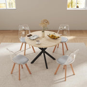 GrandCA HOME Tavolo da Pranzo con 4 Sedie, Tavolo da Pranzo Rotondo da 100 CM, Sedia da Cucina Imbottita Trasparente, Set Tavolo da Pranzo e Sedie (Travertino Giallo + Grigio)
