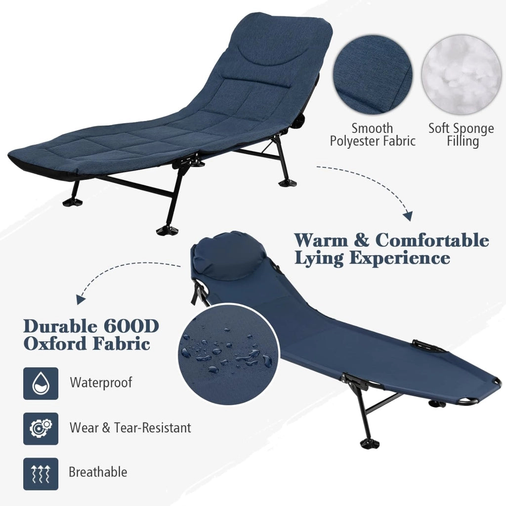 Lettino da Campeggio Pieghevole, Schienale Regolabile in 6 Livelli, Brandina con Materasso Rimovibile, Letto Portatile con Piedini Girevole a 360°, per Spiaggia, Carico 200 kg (Blu Navy)