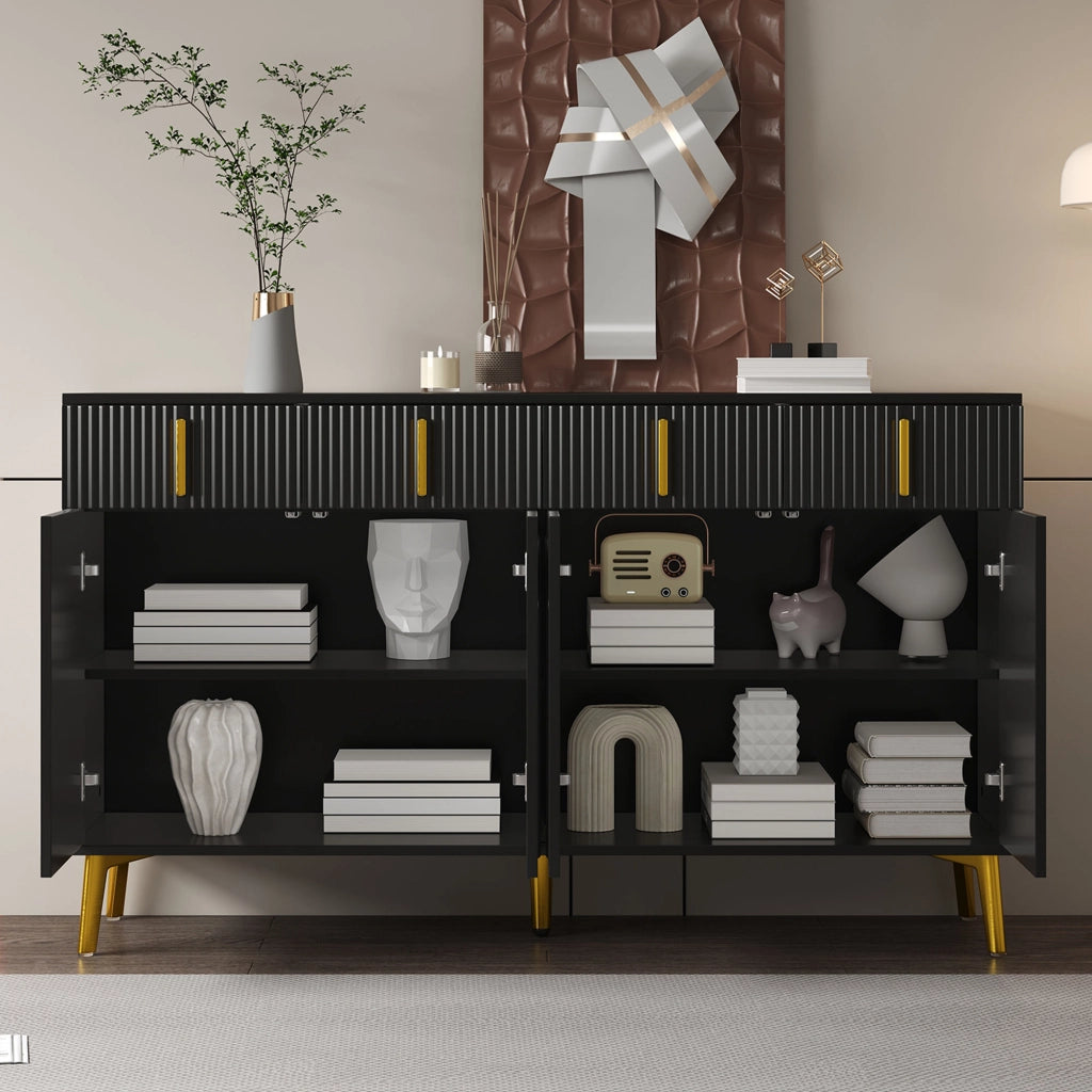 OKWISH Credenza con 4 Ante e 4 Cassetti, Ripiani Regolabili, per Soggiorno e Sala da Pranzo, MDF, Nero, 140 x 38 x 82 cm